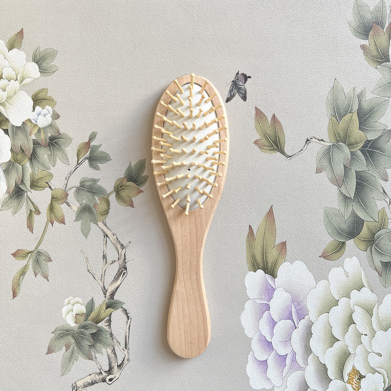 Beautichen Амортизационная щётка с подушечкой для массажа головы, портативная деревянная щётка из ивы, антистатическая, компактная щётка-подушечка
