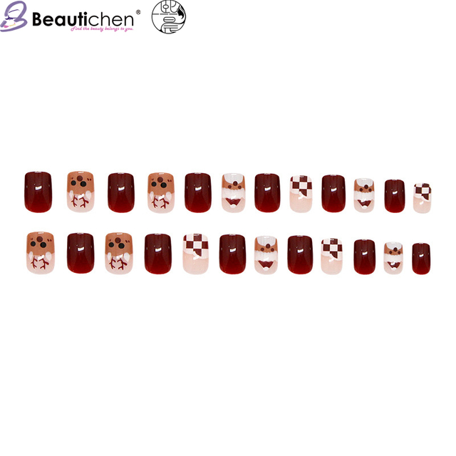 Beautichen рождественские накладные ногти с Санта-Клаусом, оленями и клетчатым дизайном, 24 шт, пресс‑он, съёмные