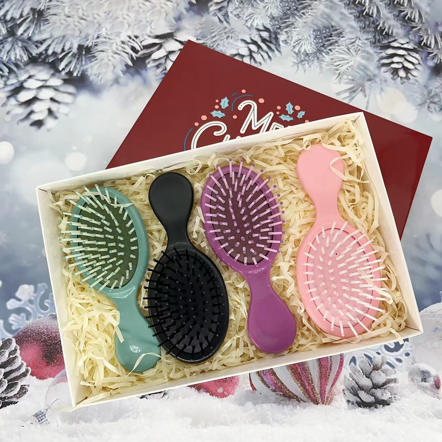 Beautichen Рождественский подарочный набор расчёсок — 4 мини расчёски-листочки с воздушной подушкой, компактные массажные щётки для волос