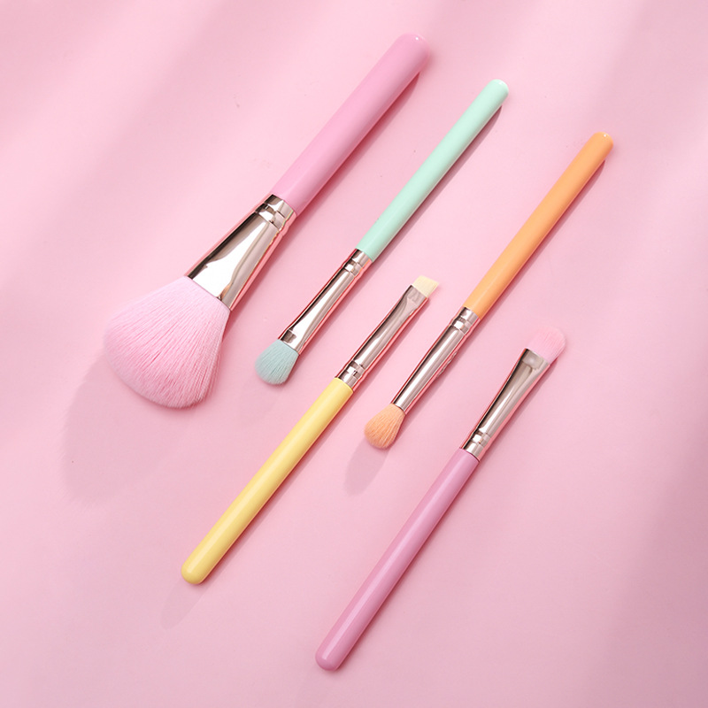 Beautichen Набор из 5 мини-кистей для макияжа с розовым чехлом — разноцветные ручки, мягкий синтетический ворс