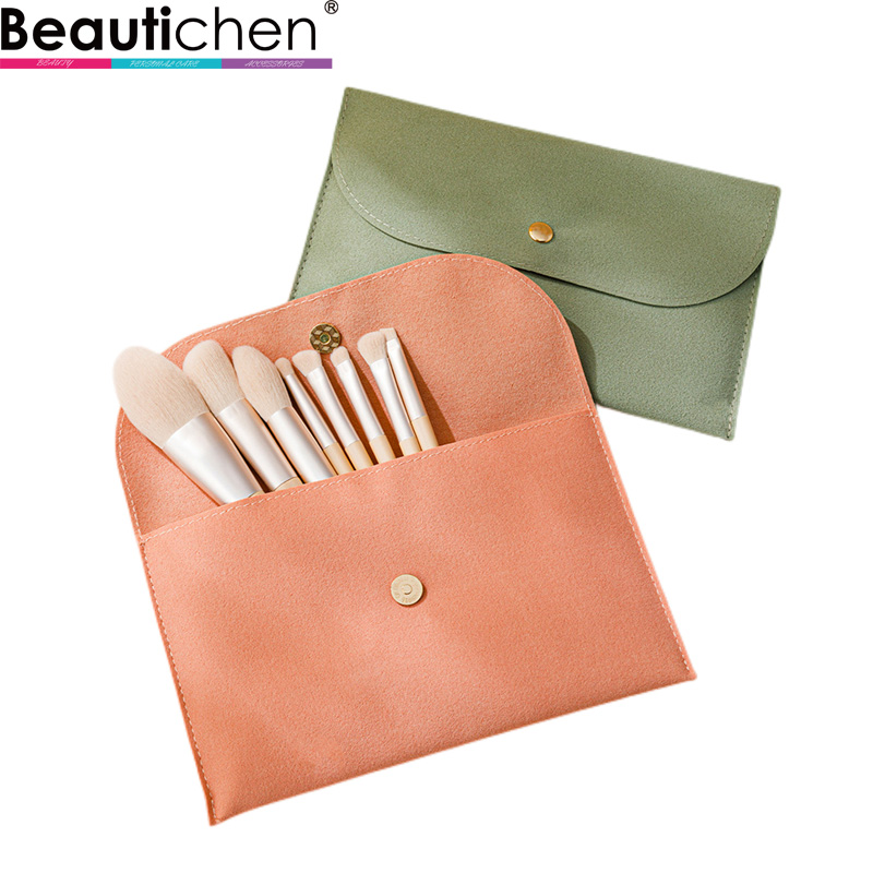 Beautichen Набор кистей для макияжа — 8 шт., светлые кисти с белым ворсом и розовым бархатным чехлом