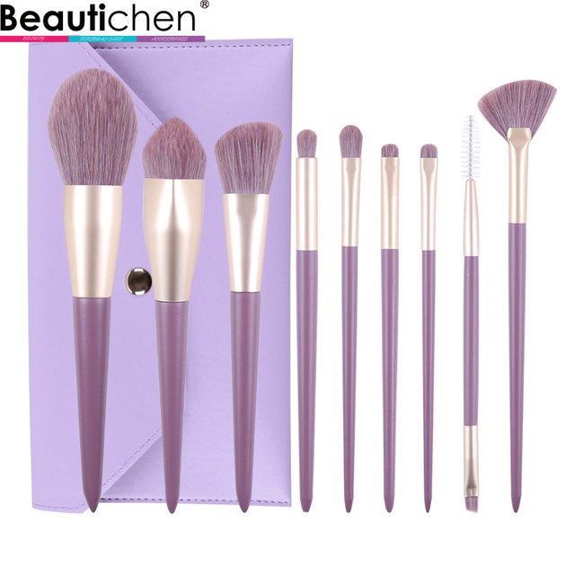Beautichen Набор кистей для макияжа — 9 шт., фиолетовый градиент, золотой феррул, мягкий синтетический ворс