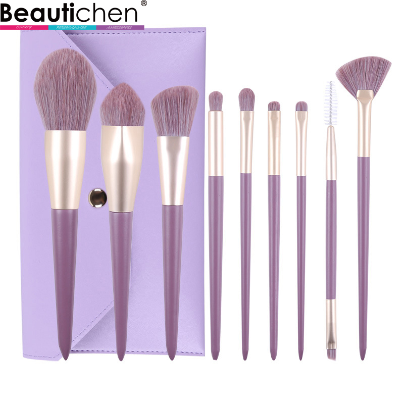 Beautichen Набор кистей для макияжа — 9 шт., фиолетовый градиент, золотой феррул, мягкий синтетический ворс