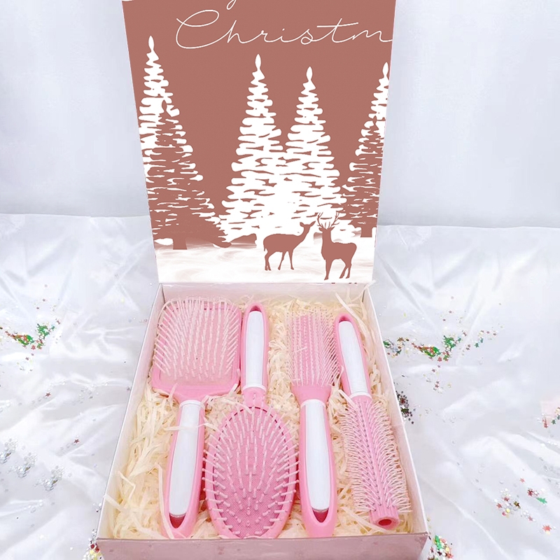 Beautichen Рождественский подарочный набор расчесок — 4 шт., розово-белая серия: квадратная и овальная массажные расчески, скелетная расческа, расческа для завивки волос