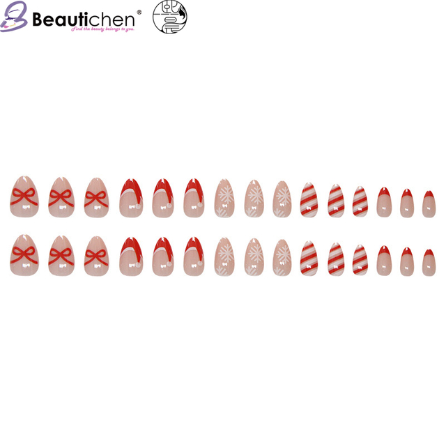 Beautichen Рождественские Накладные Ногти: Красный Френч, Бантики И Полоски, Миндалевидная Форма, 30 Шт, Съёмные
