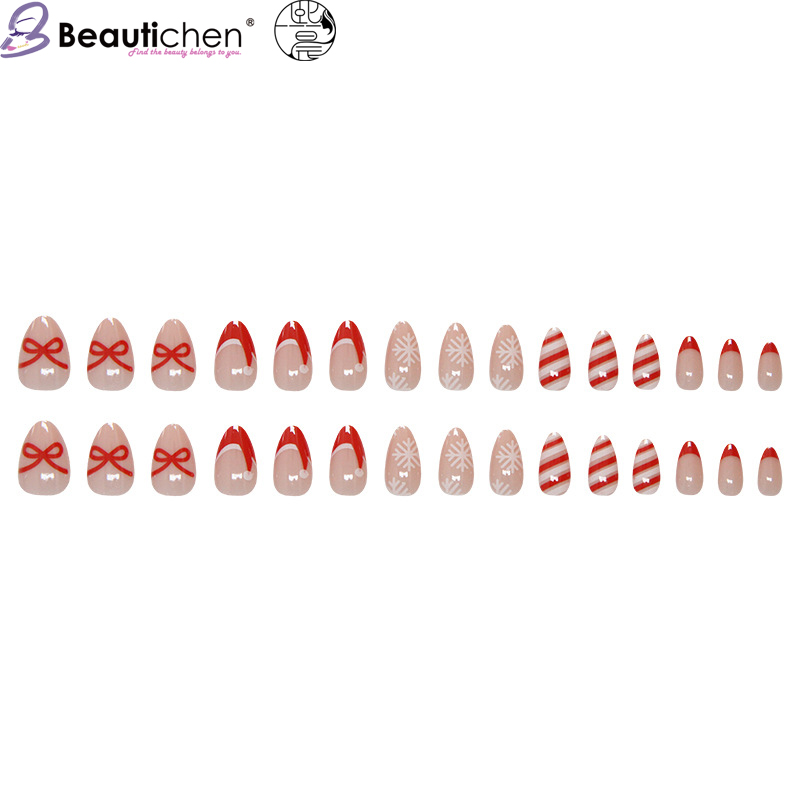 Beautichen Рождественские Накладные Ногти: Красный Френч, Бантики И Полоски, Миндалевидная Форма, 30 Шт, Съёмные