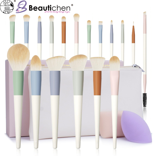 Beautichen набор кистей для макияжа с косметичкой и спонжем — пастельный дизайн, 16 шт.