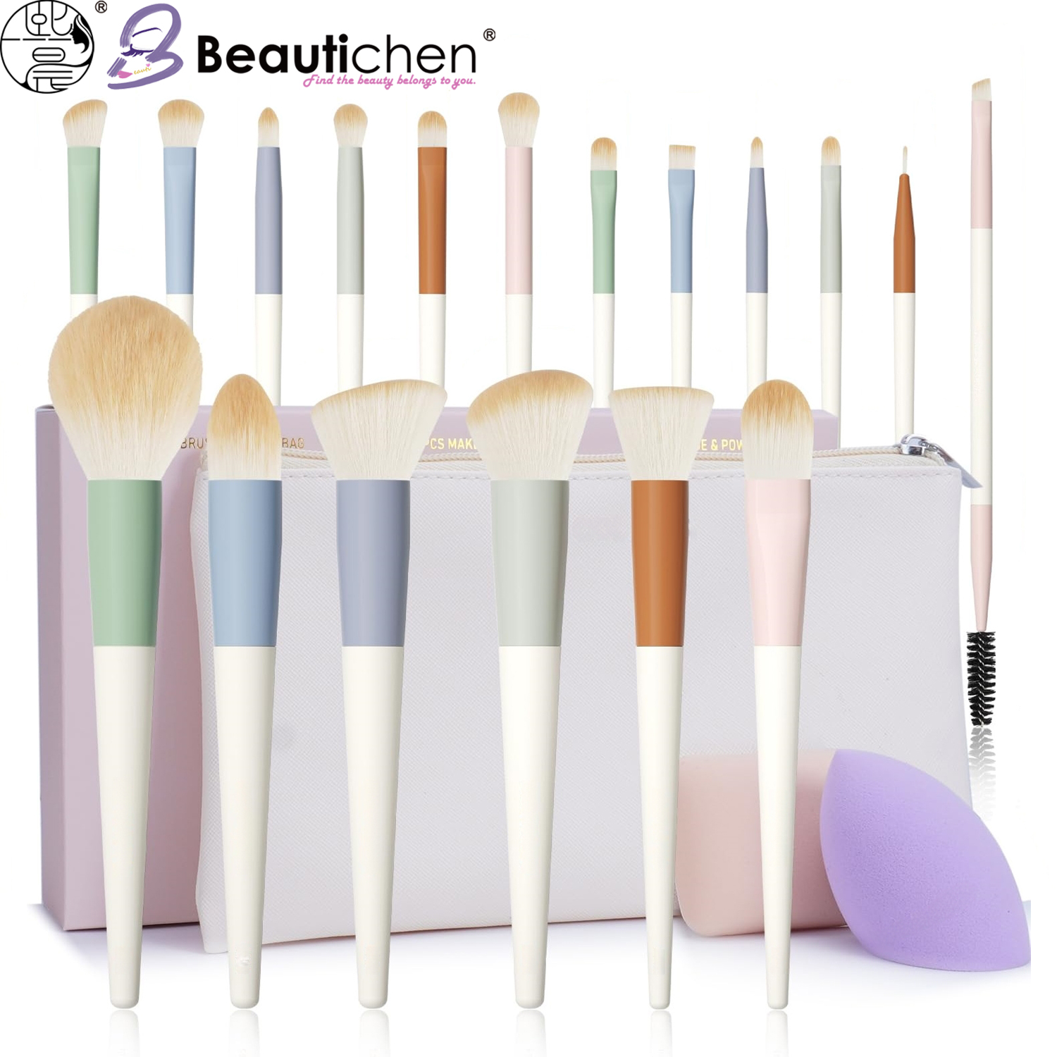 Beautichen набор кистей для макияжа с косметичкой и спонжем — пастельный дизайн, 16 шт.