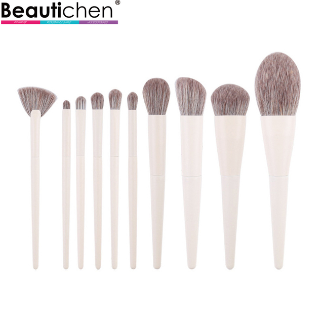 Beautichen Набор кистей для макияжа — 10 шт., белые ручки, серые синтетические ворсинки