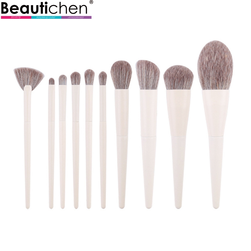 Beautichen Набор кистей для макияжа — 10 шт., белые ручки, серые синтетические ворсинки