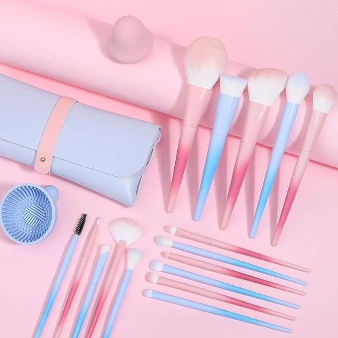 Beautichen набор кистей для макияжа с аксессуарами — градиент розовый/голубой, 15 шт.