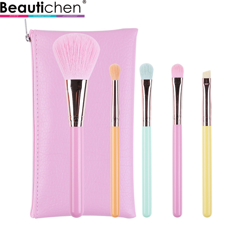 Beautichen Набор из 5 мини-кистей для макияжа с розовым чехлом — разноцветные ручки, мягкий синтетический ворс