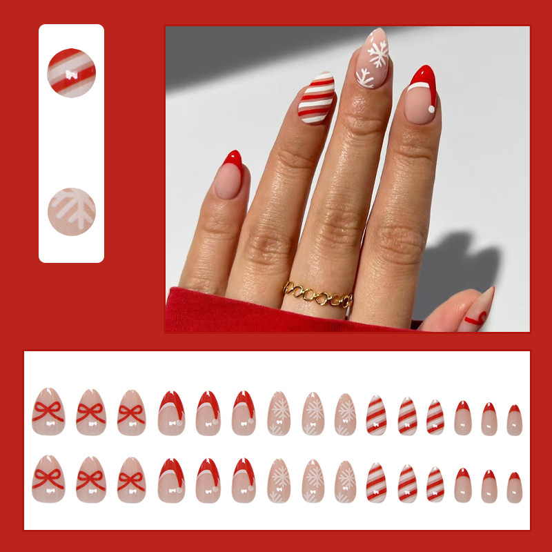 Beautichen Рождественские Накладные Ногти: Красный Френч, Бантики И Полоски, Миндалевидная Форма, 30 Шт, Съёмные