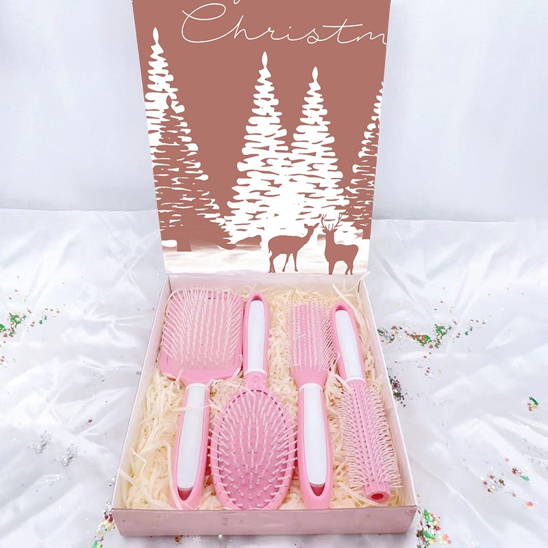 Beautichen Рождественский подарочный набор расчесок — 4 шт., розово-белая серия: квадратная и овальная массажные расчески, скелетная расческа, расческа для завивки волос