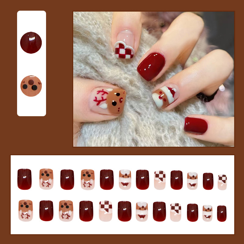 Beautichen рождественские накладные ногти с Санта-Клаусом, оленями и клетчатым дизайном, 24 шт, пресс‑он, съёмные