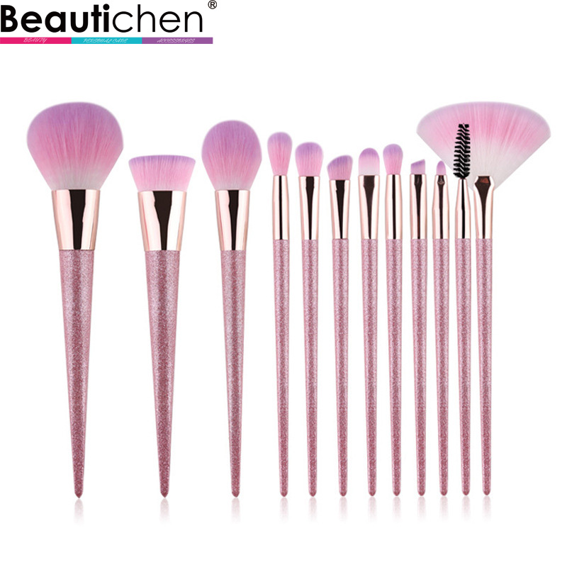 Beautichen Набор кистей для макияжа — 12 шт., розовые кисти с блестящими ручками, мягкий синтетический ворс