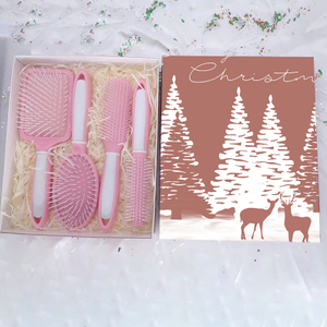 Beautichen Рождественский подарочный набор расчесок — 4 шт., розово-белая серия: квадратная и овальная массажные расчески, скелетная расческа, расческа для завивки волос