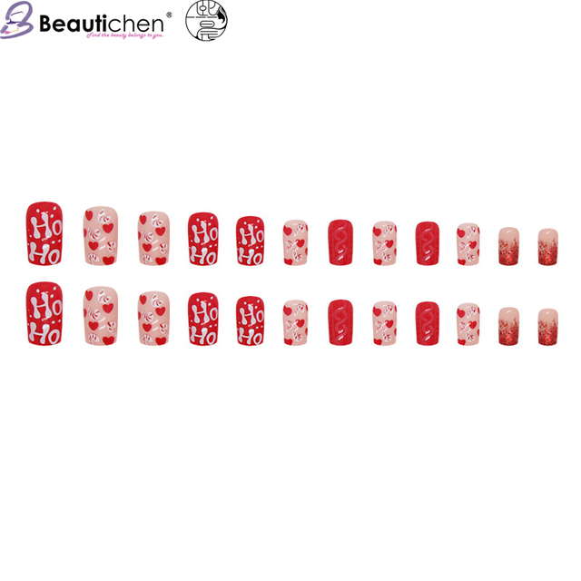 Beautichen накладные ногти: красный глиттер, сердечки и праздничный дизайн для Рождества и Дня святого Валентина, 24 шт