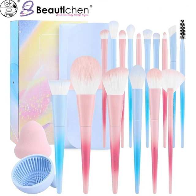 Beautichen набор кистей для макияжа с аксессуарами — градиент розовый/голубой, 15 шт.