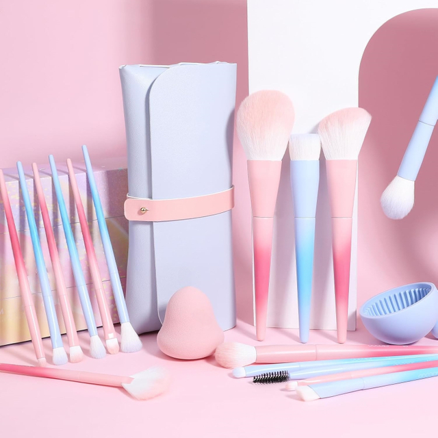 Beautichen набор кистей для макияжа с аксессуарами — градиент розовый/голубой, 15 шт.