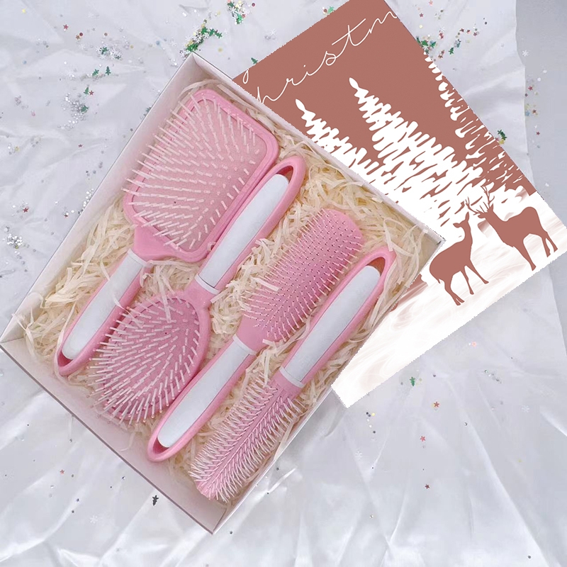 Beautichen Рождественский подарочный набор расчесок — 4 шт., розово-белая серия: квадратная и овальная массажные расчески, скелетная расческа, расческа для завивки волос